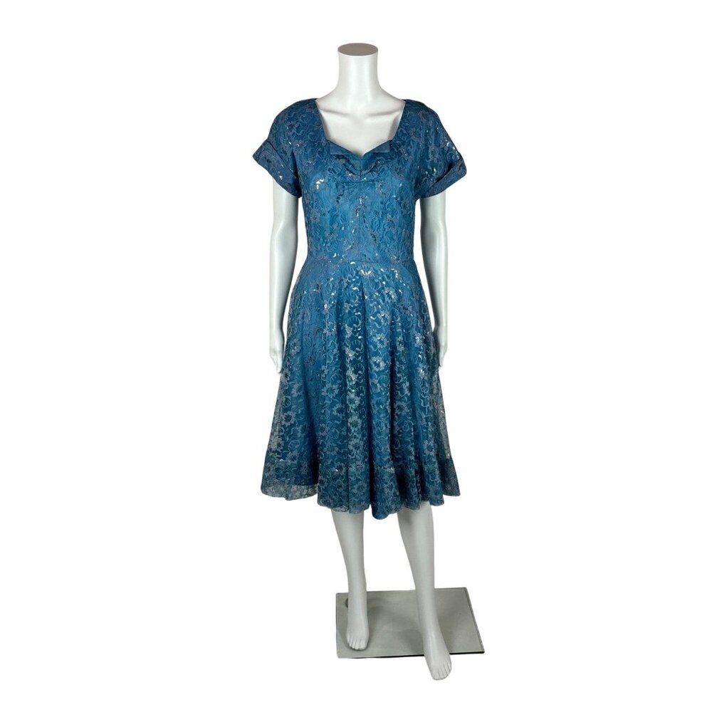 Vintage 50s Lace Dress Women's Small Blue Silver Cinderella Party Fit & Flare - Picture 1 of 11